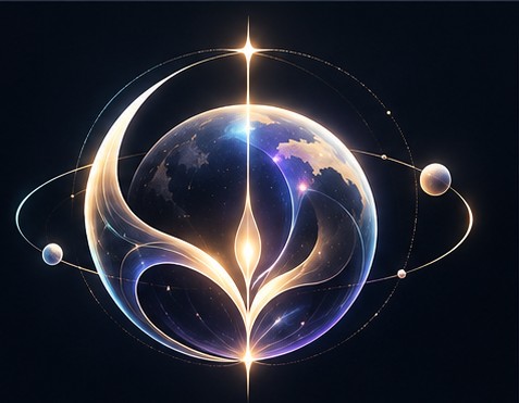 Aevora symbol: a luminous world with orbit rings (concept)